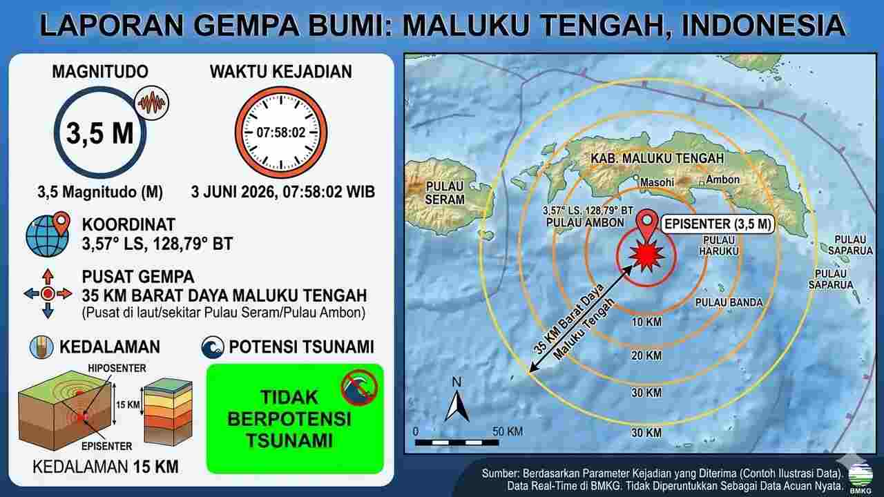 Gempa Magnitudo 3,5 Guncang Maluku Tengah Pagi Ini, Tak Berpotensi Tsunami