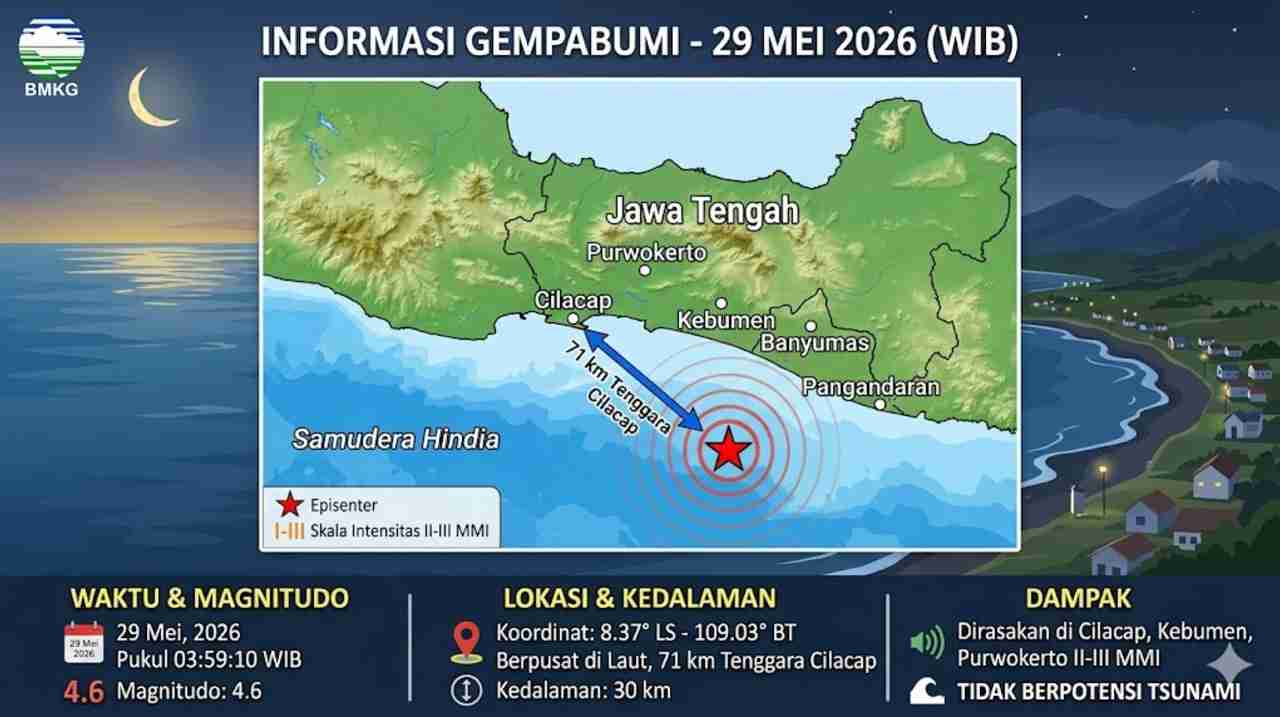 Gempa Magnitudo 4,6 Guncang Cilacap Pagi Ini, Tak Berpotensi Tsunami