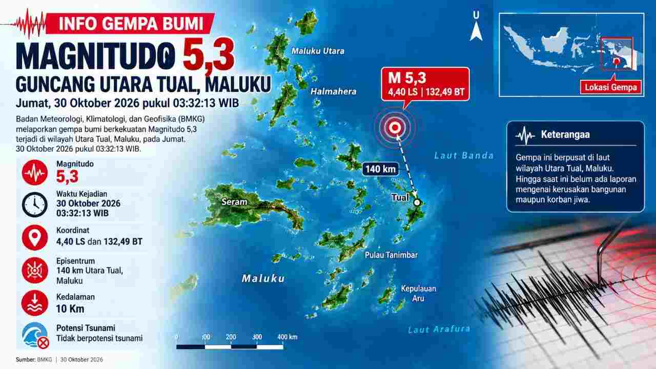 Gempa M 5,3 Guncang Utara Tual Maluku Dini Hari, Cek Episentrum dan Kedalamannya