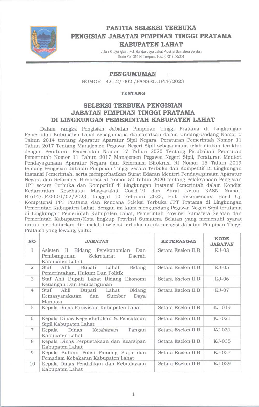 Pengumuman Seleksi Terbuka Pengisian Jabatan Pimpinan Tinggi Pratama di Lingkungan Pemkab Lahat