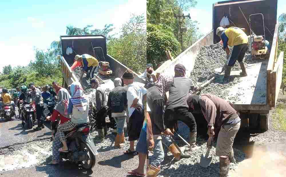 Jalan Tanjung Batu-Payaraman yang Nyaris Putus Ditimbun dengan Batu