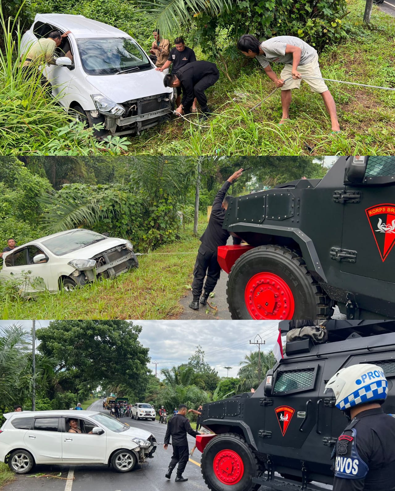 Super Keren Personel Satuan Brimob Polda Sumsel Batalyon B Pelopor Bantu Evakuasi Mobil Masuk Jurang