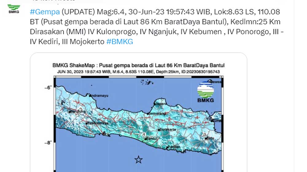 Gempa Magnitudo 6,4 Guncang Yogyakarta Malam Ini 30 Juni 2023, Warga Panik dan Bangunan Rusak