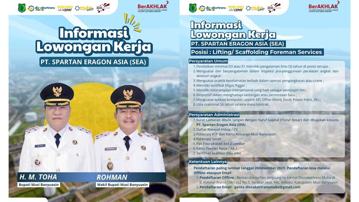 Peluang Kerja Terbuka! Disnakertrans Muba Kolaborasi dengan PT Spartan Eragon Asia Buka Rekrutmen