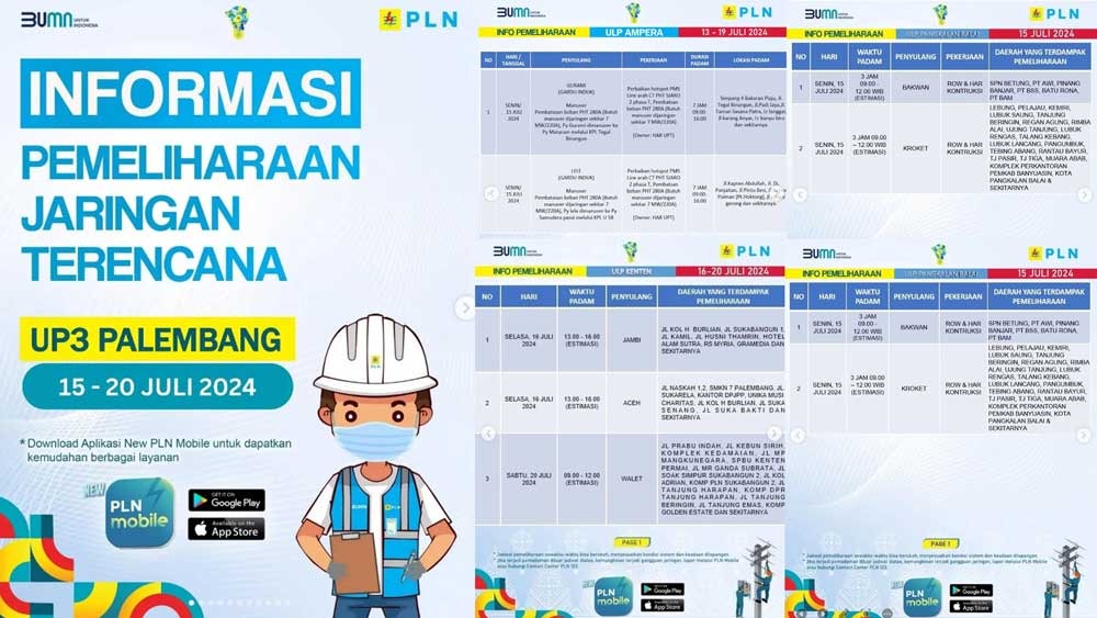 TERBARU! Jadwal Pemadaman Listrik Pada Hari Selasa 16 Juli Kota Palembang 