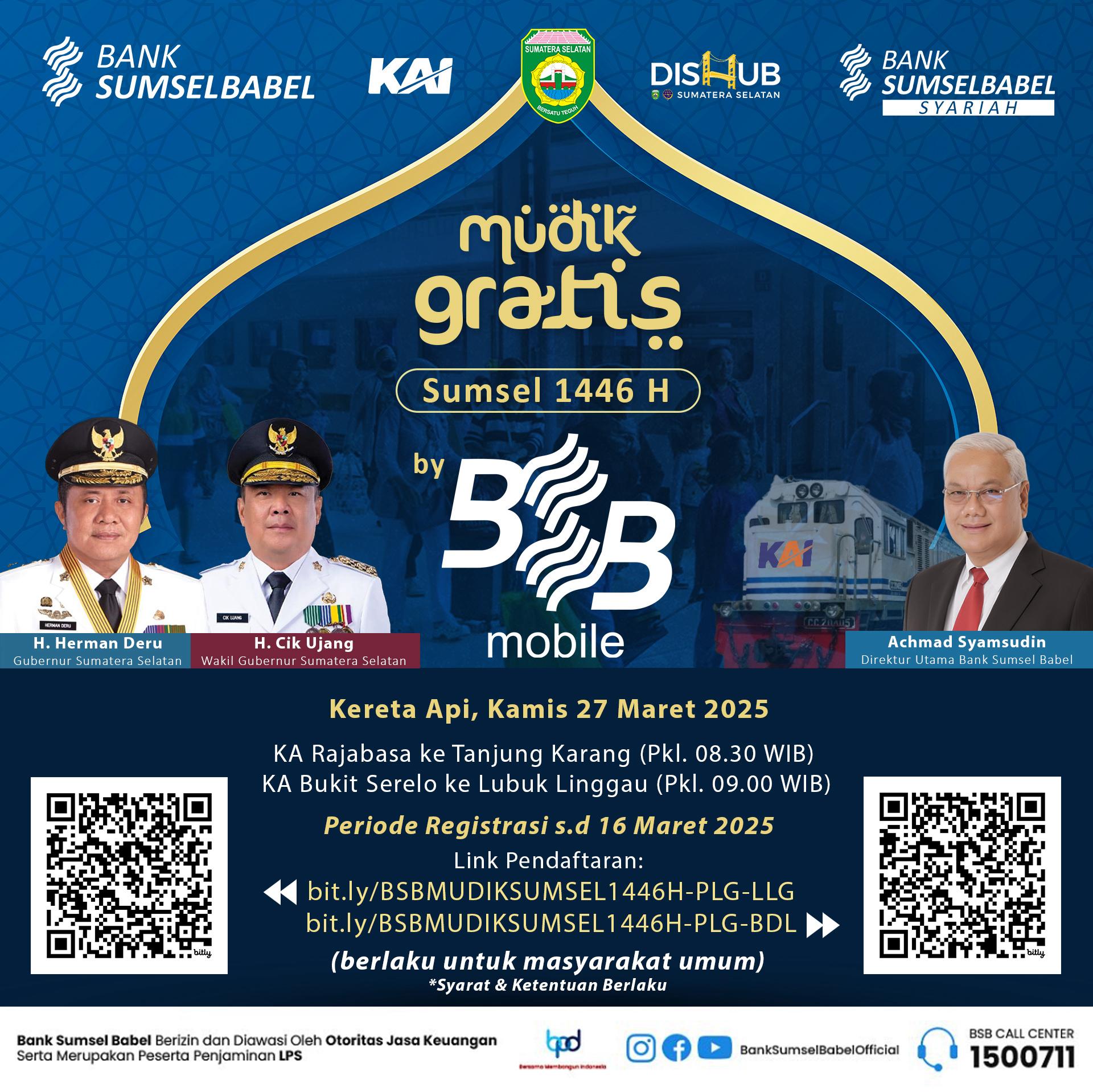 Bank Sumsel Babel, Pemprov Sumsel dan KAI Kembali Gelar Mudik Gratis Mulai 27 Maret 2025