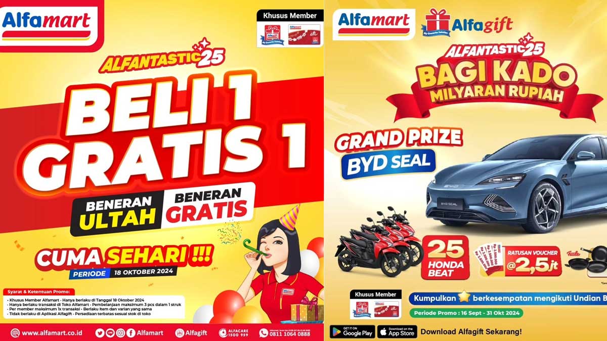 BENERAN ULTAH, Alfamart Banjir Promo Beli 1 Gratis 1, Cuma Hari Ini 18 Oktober 2024, Bisa Dapat Mobil Listrik