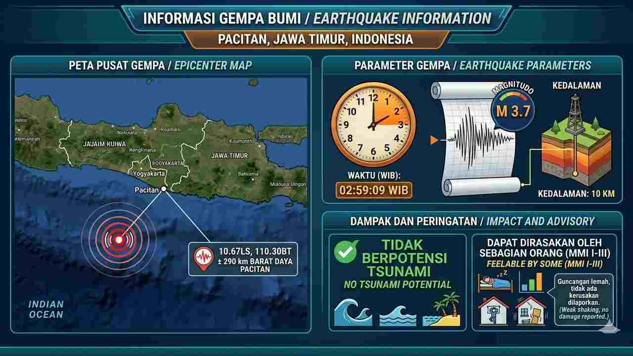 Gempa Magnitudo 3,7 Guncang Pacitan Pagi Ini, Tak Berpotensi Tsunami