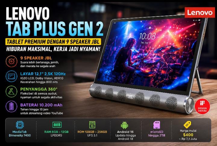 Bukan Sekadar Tablet, Lenovo Tab Plus Gen 2 Punya 9 Speaker JBL dan Bisa Jadi Speaker Bluetooth