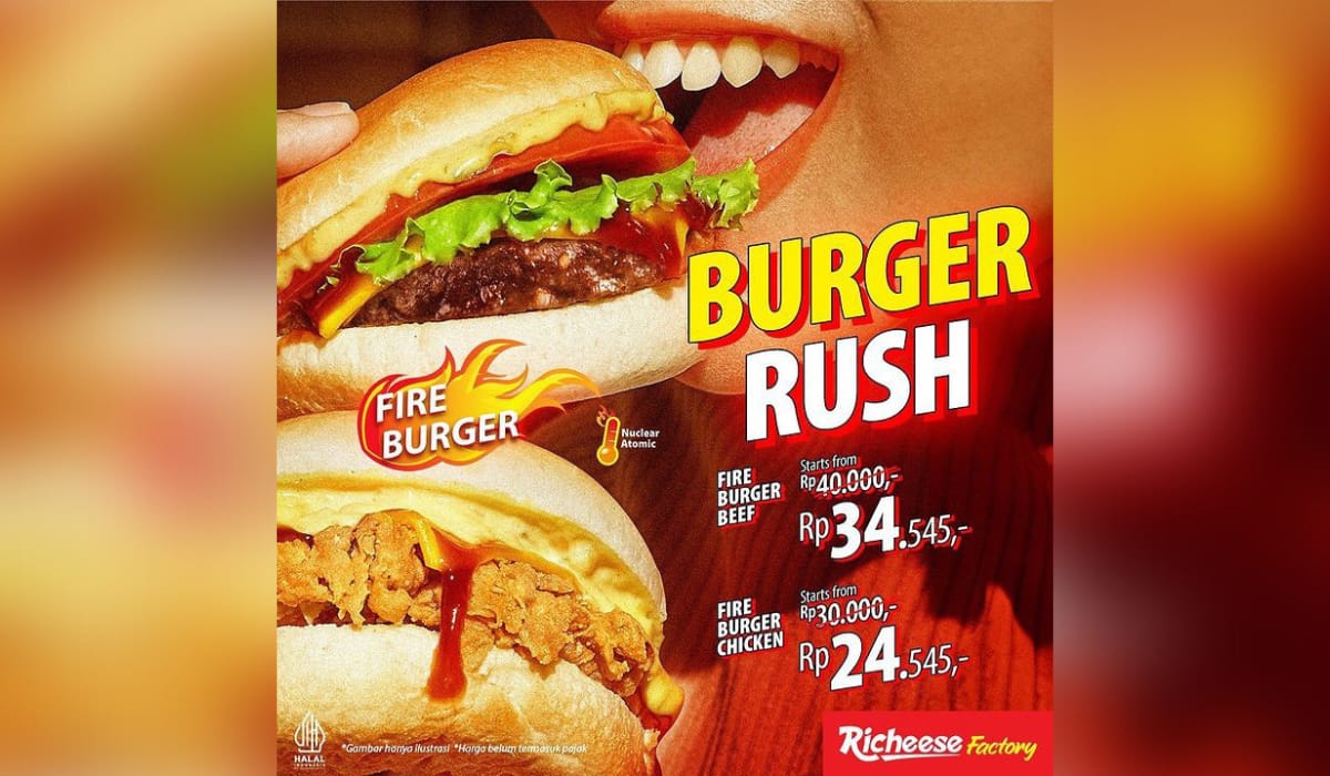 Ada Promo Richeese Factory  Fire Burger, Mulai dari Rp24.545 Dijamin Gak Bikin Kantong Boncos