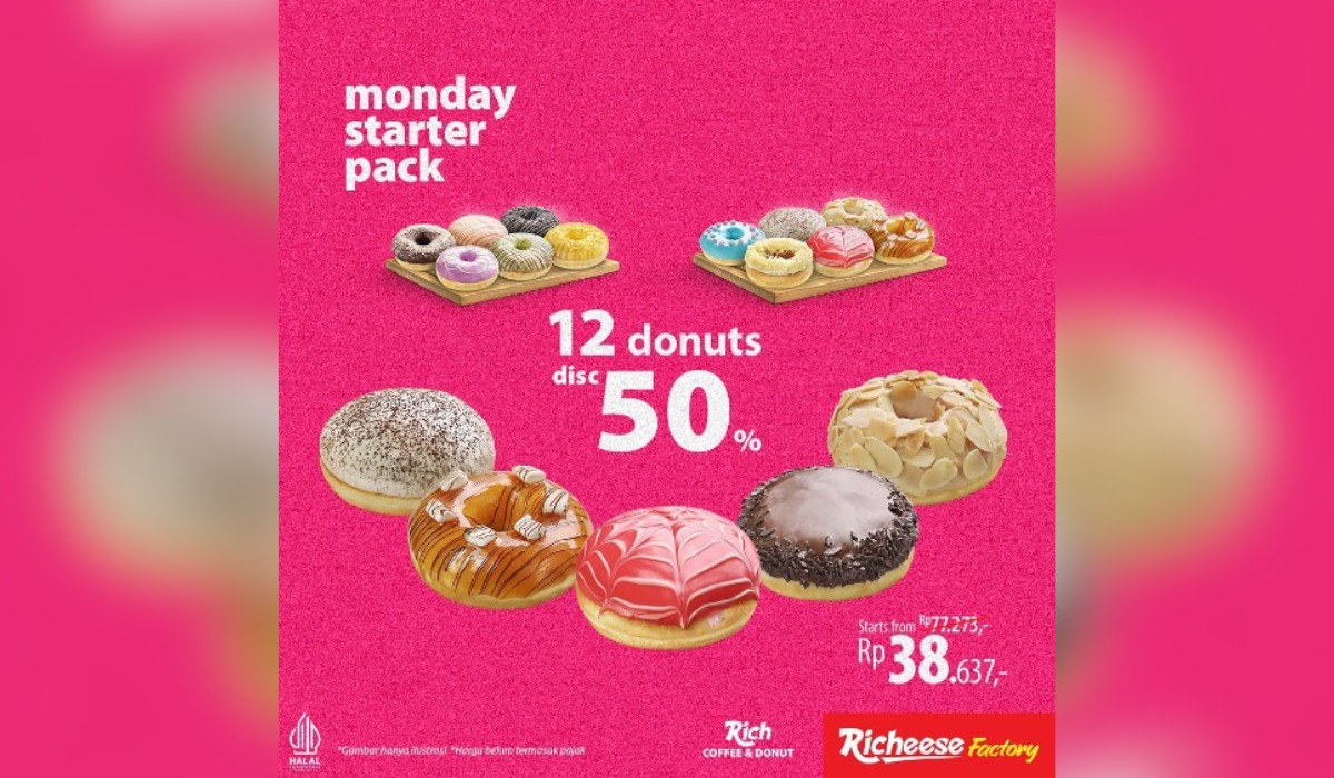 Promo Richeese Factory Monday Starterpack, Cuma Bayar Rp38.637 Dapetin 12 Donuts Hanya di Rich Coffee & Donut