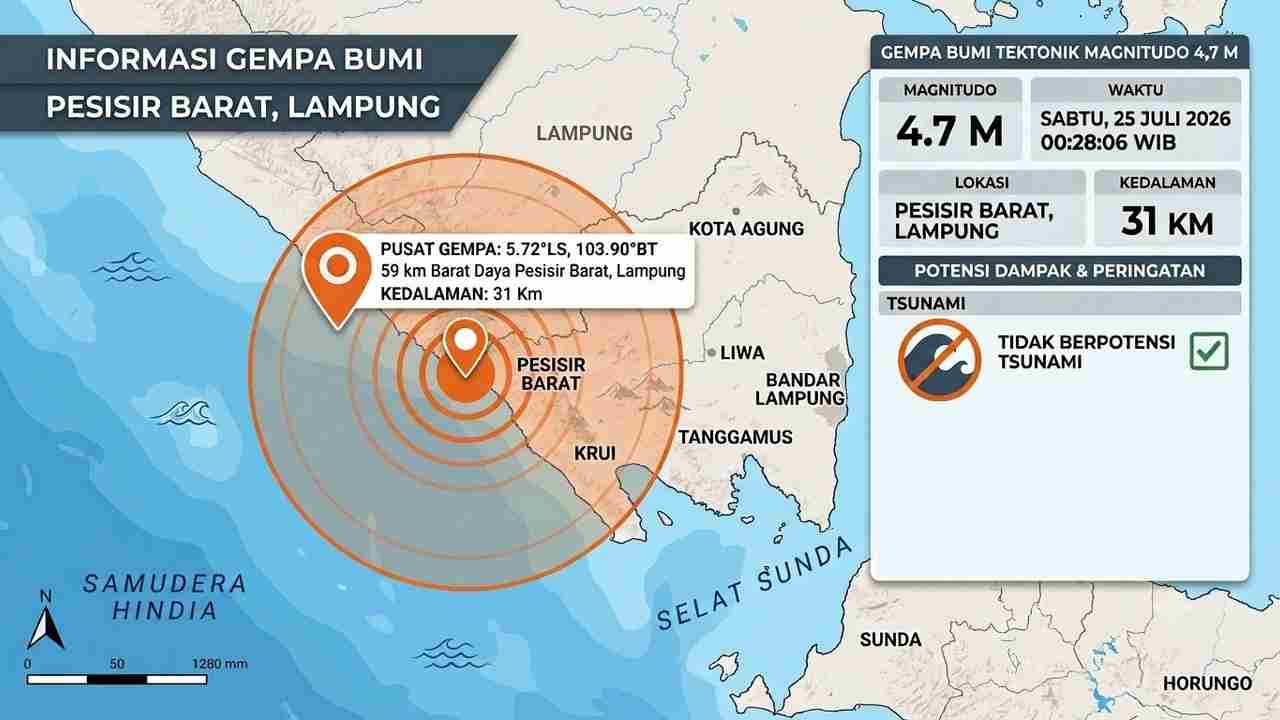 Pesisir Barat Lampung Diguncang Gempa M4,7 Dini Hari, Cek Lokasi dan Kedalamannya