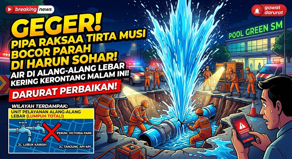 GEGER! Pipa Tirta Musi Bocor Parah di Harun Sohar, Air di 6 Kawasan Pemukiman Mendadak Mati Total Malam Ini!
