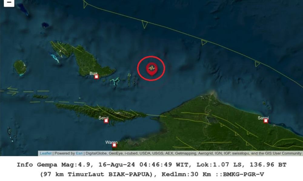 Pagi Ini Gempa 4.9 M Terjadi di Biak dan Merauke Papua, Tak Berpotensi Tsunami