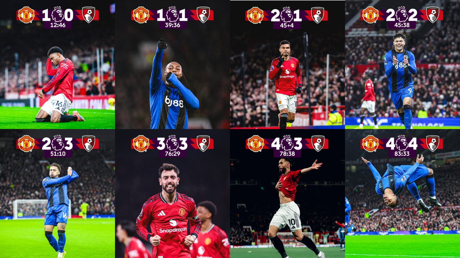 Manchester United 4-4 Bournemouth: Delapan Pemain Mencetak Gol dalam Laga Seru di Old Trafford