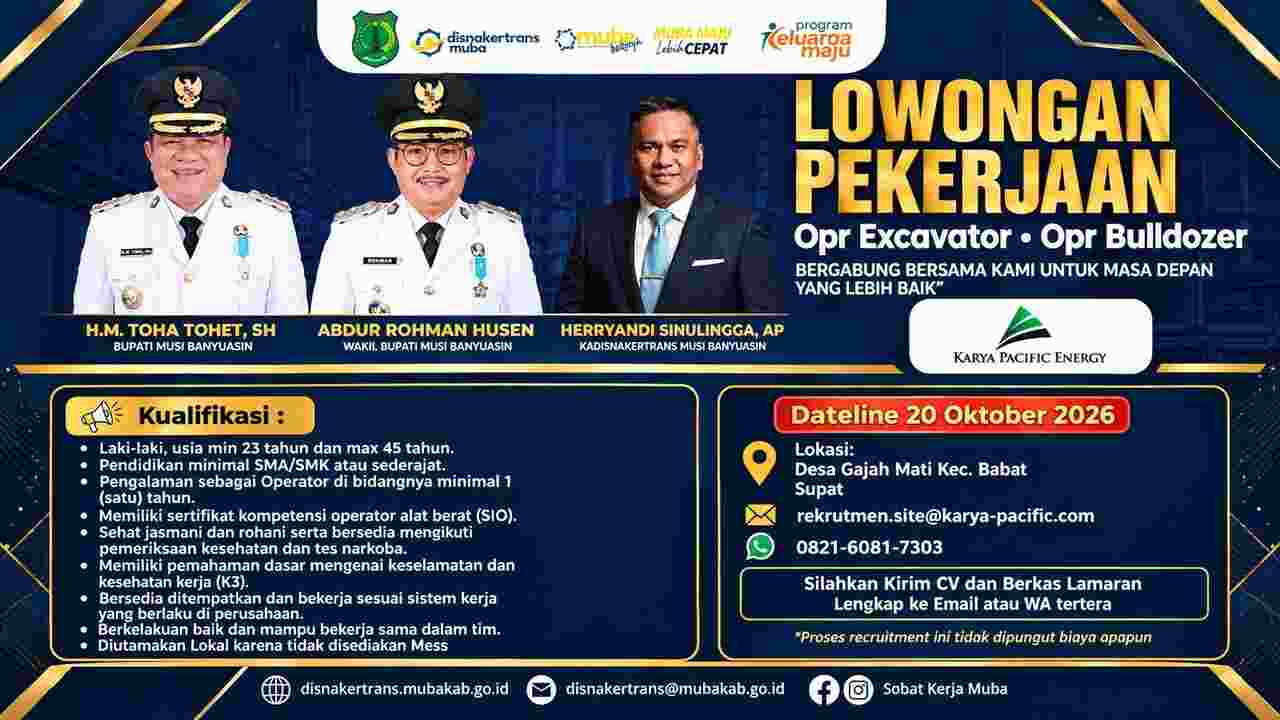 Kabar Baik Warga Muba! Lowongan Operator Excavator dan Bulldozer Dibuka, Cek Syaratnya