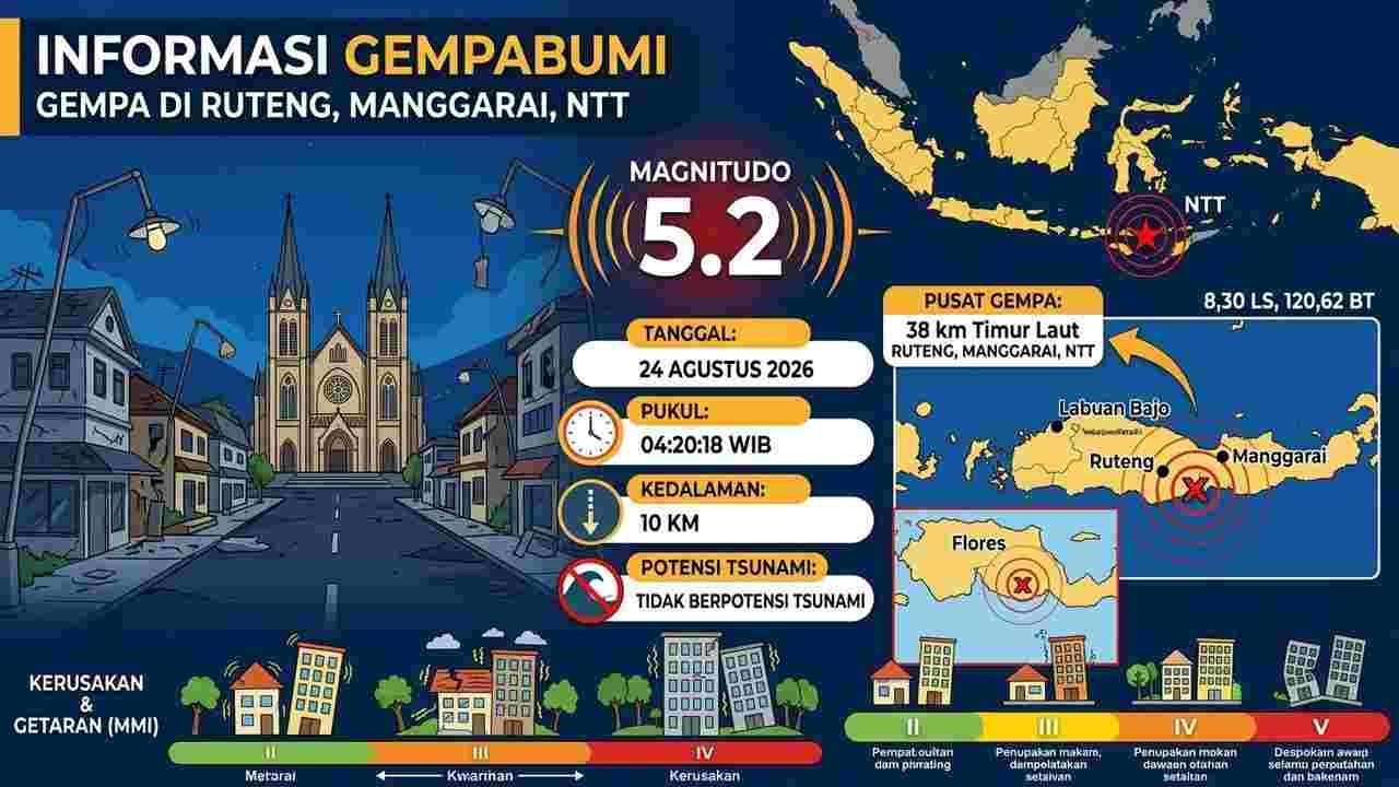 Bukan Sekali! Ruteng NTT Diguncang Gempa Beruntun Pagi Ini, Terkuat M5,2