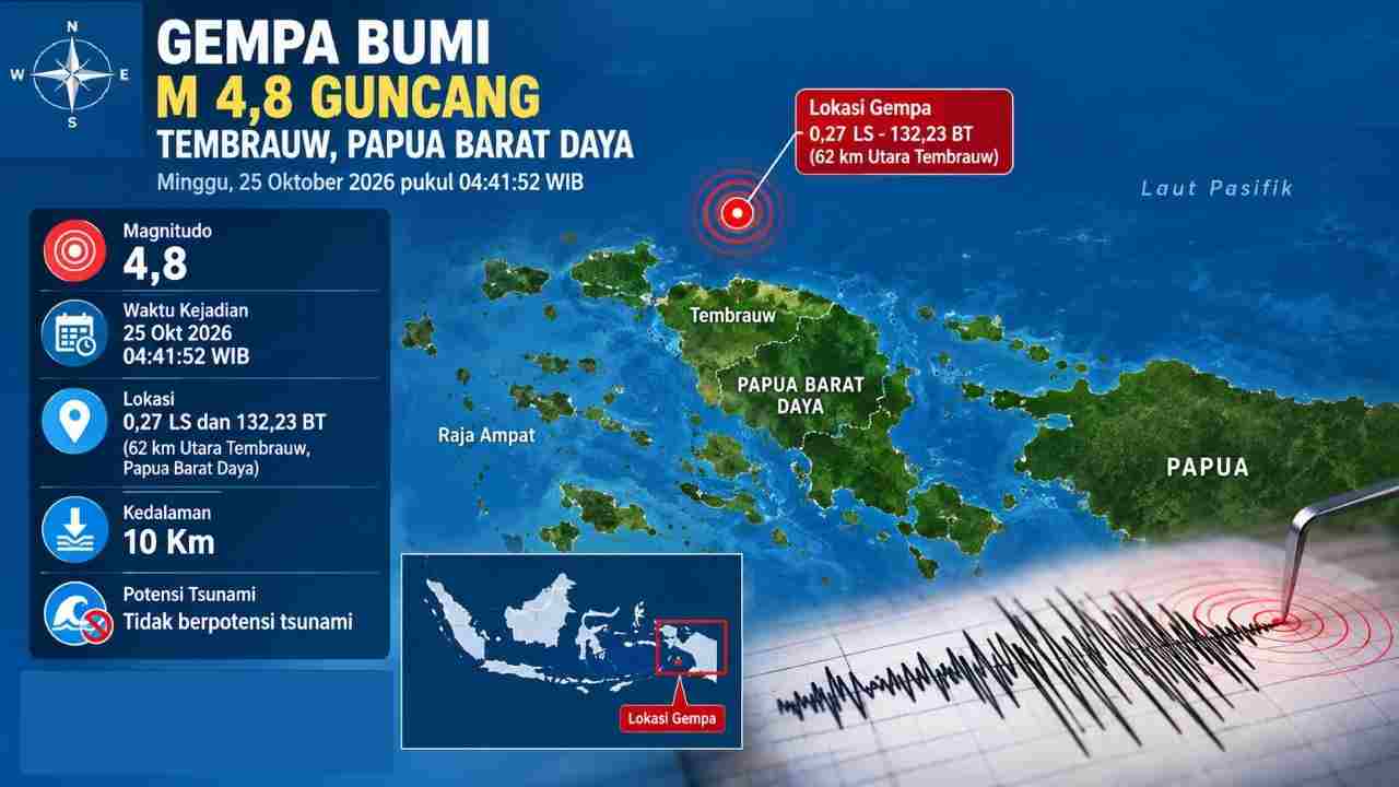 Gempa M 4,8 Guncang Papua Barat Daya Minggu Dini Hari, Cek Data Lengkap BMKG