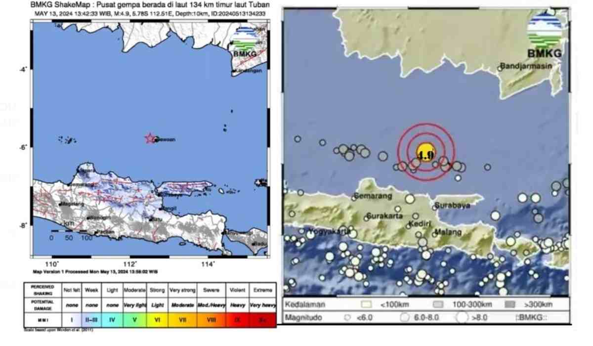 Gempa Laut Jawa Goyang Tuban Jatim, Kekuatannya 4.9 Magnitudo