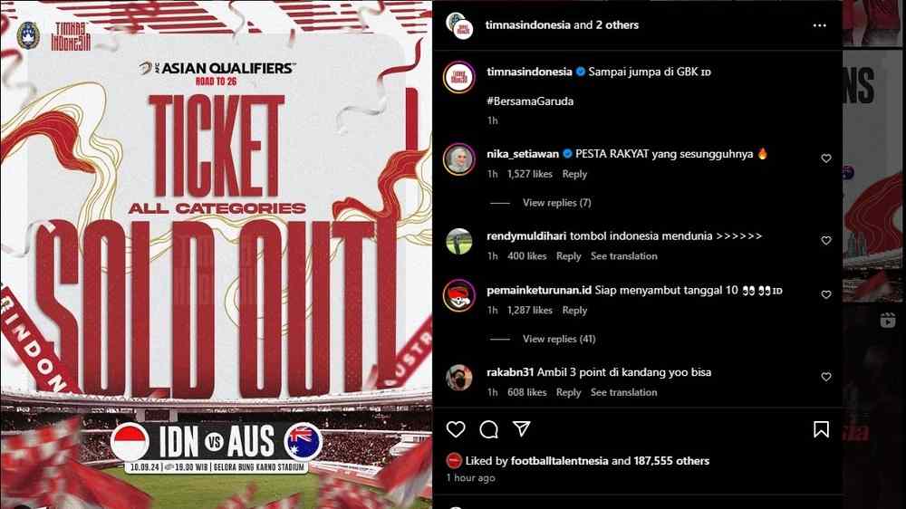 H-2 Tiket Laga Timnas Indonesia vs Australia Ludes Terjual, Animo Dukungan Suporter Indonesia Luar Biasa 