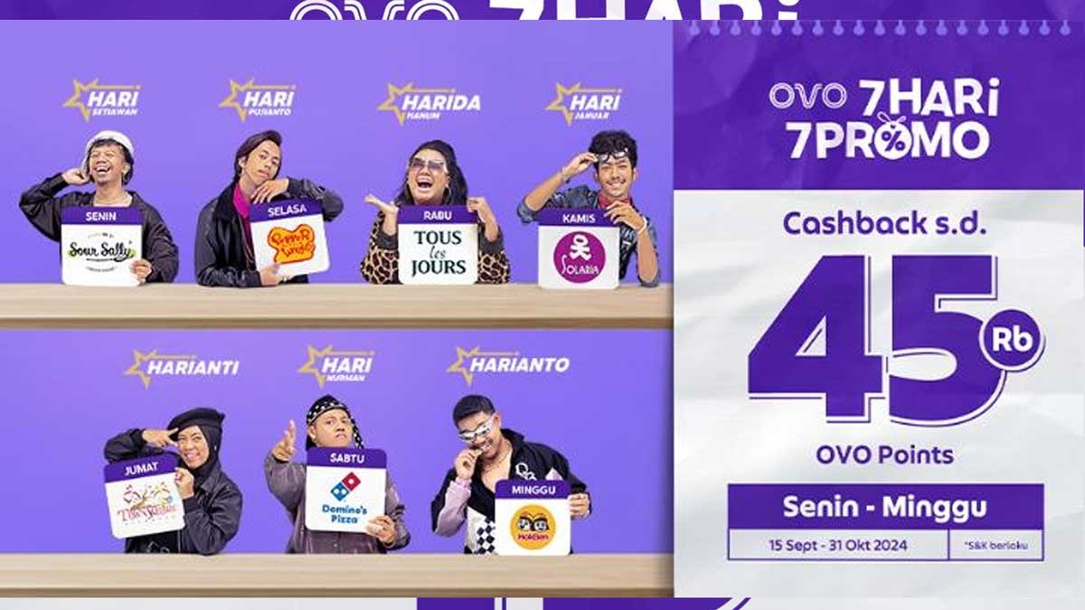 Promo OVO 7 Hari 7 Promo Beda Tempat, Dapat Cashback Rp45 Ribu, Kongkow Tiap Hari Anti Bocos!