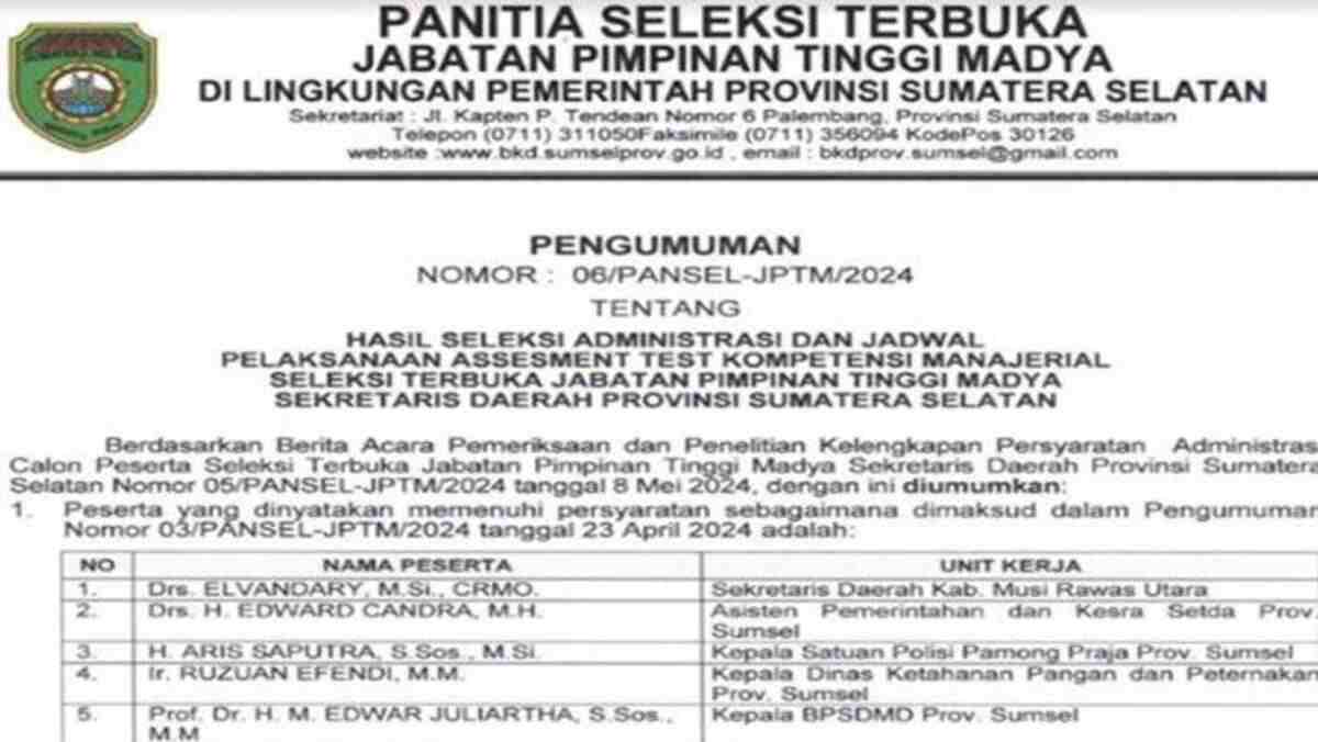 Lulus Seleksi Administrasi, Pansel Umumkan 5 Kandidat Sekda Provinsi Sumsel, 