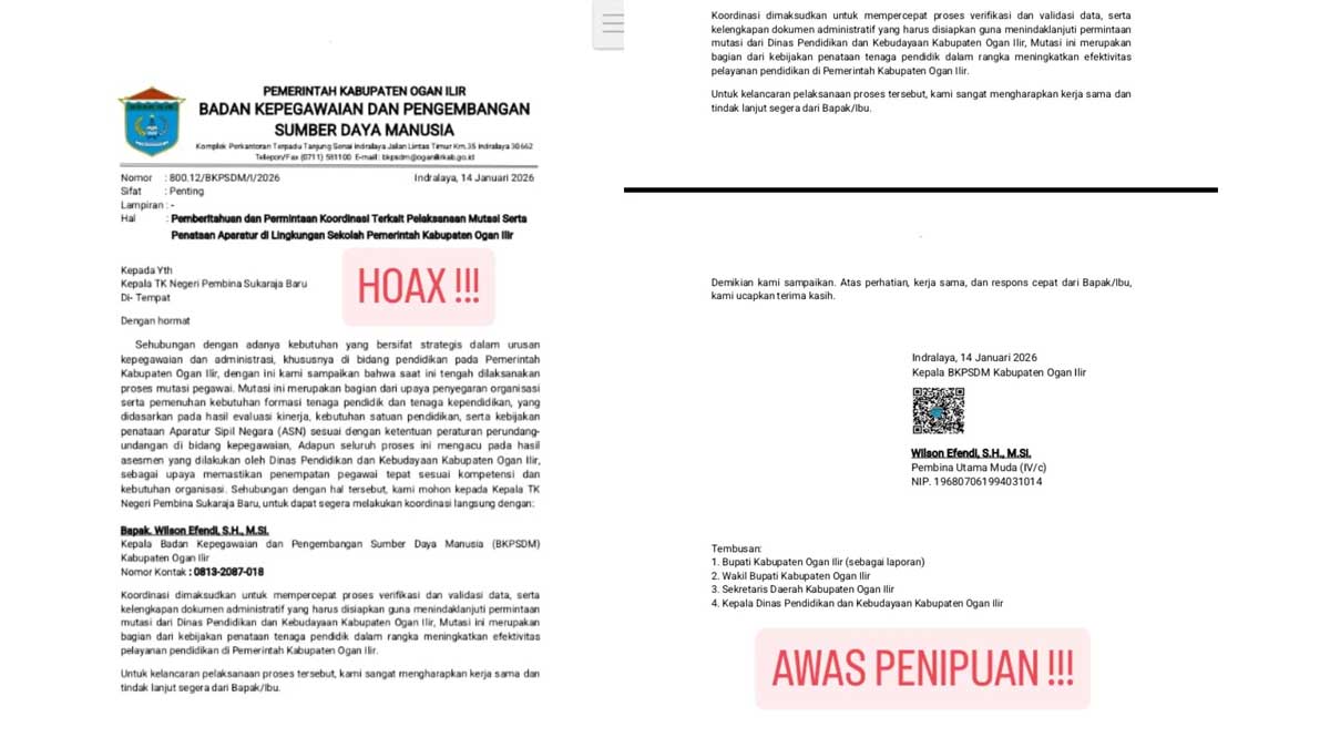 Waspada Penipuan! Beredar Surat Palsu Mutasi Sekolah di Ogan Ilir, BKPSDM Minta ASN Hati-Hati