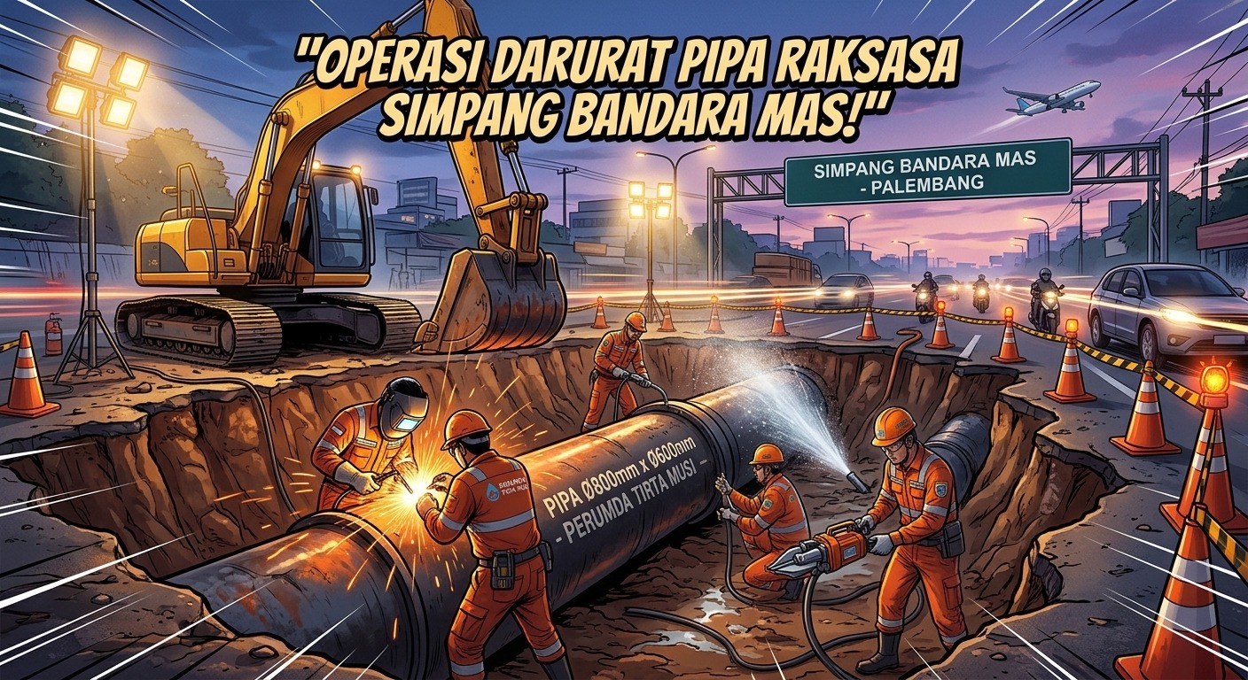 INFO GEMPAR! Perumda Tirta Musi Gercep Perbaiki Pipa Bocor Simpang Bandara Mas, Air Stop Sementara!