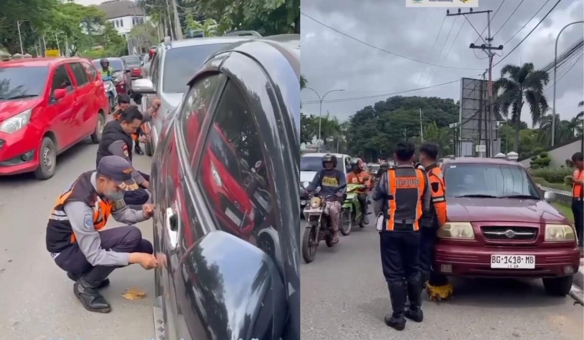 Dishub Palembang Tindak Tegas, Mobil Parkir Liar di Jalan Madang Digembosi Ban