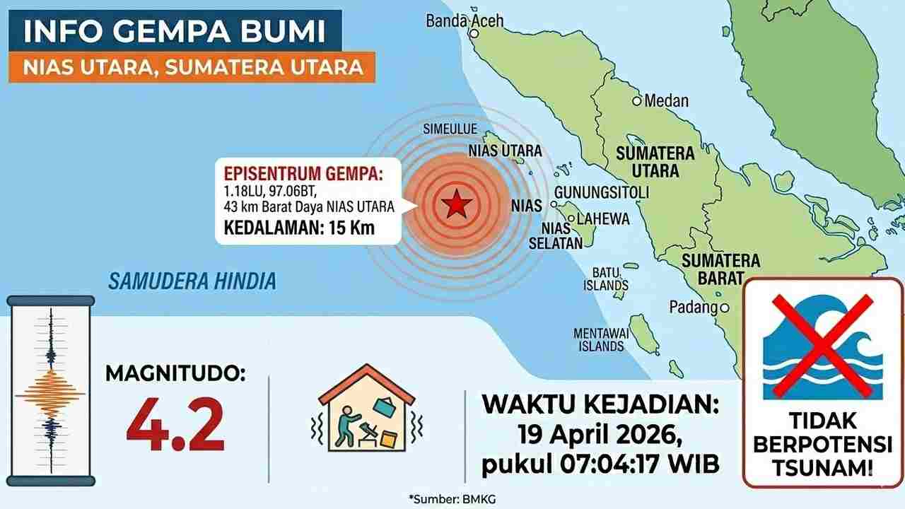 Gempa Magnitudo 4,2 Pagi Ini Guncang Nias Utara, Tak Berpotensi Tsunami