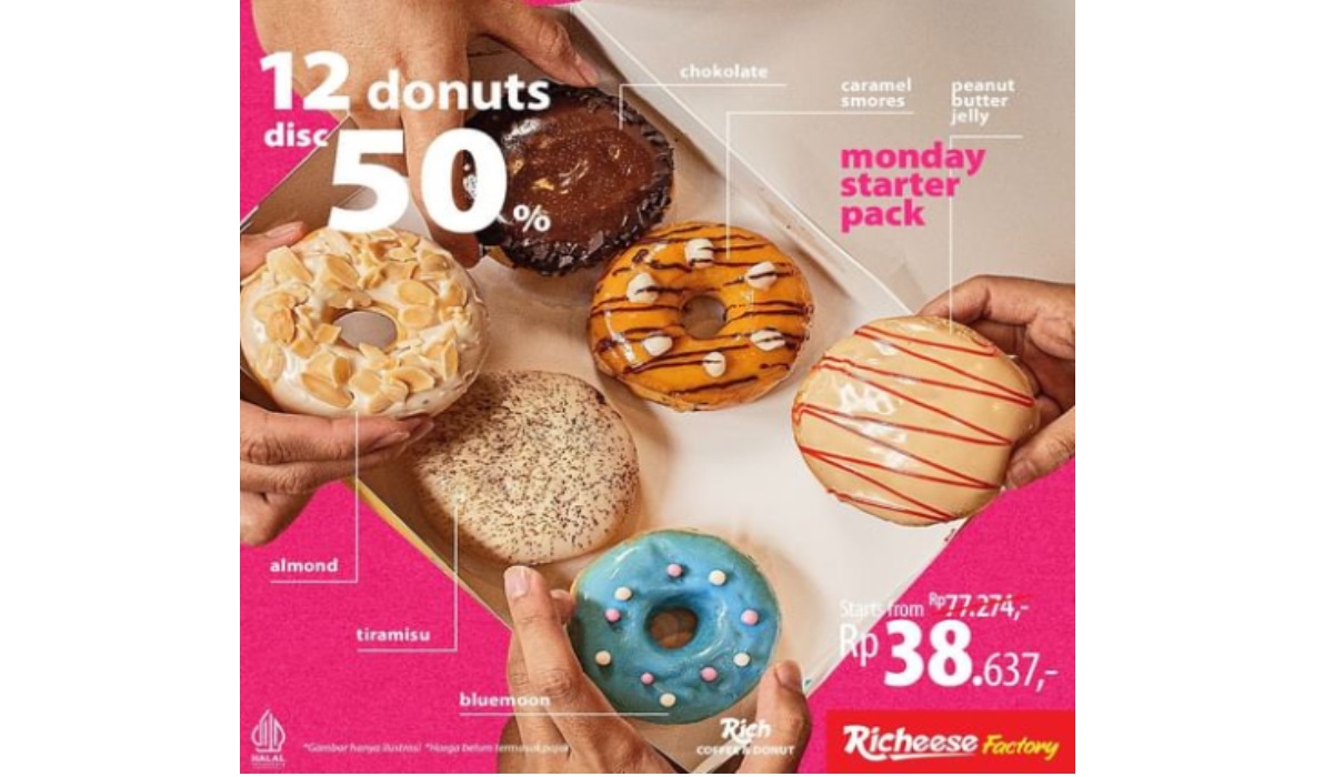 Promo Monday Starterpack, Dapatkan Discount 50 Persen Setiap Pembelian 12 Donut Semua Varian