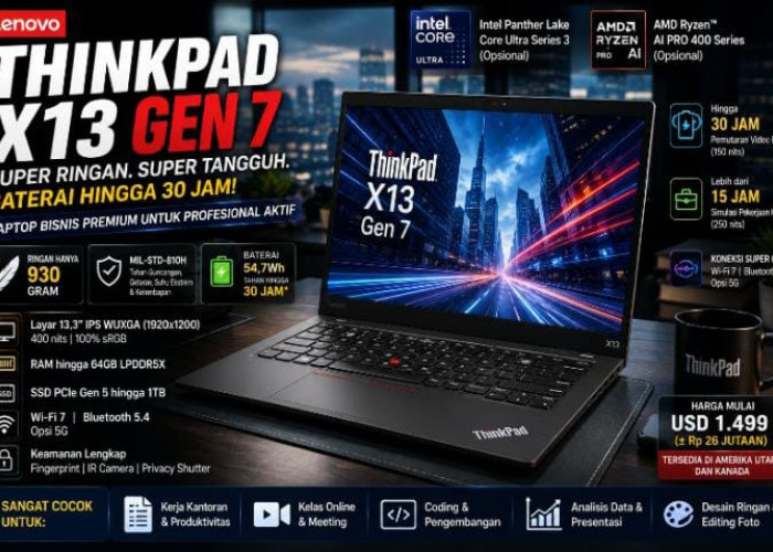 Cuma 930 Gram! Lenovo ThinkPad X13 Gen 7 Resmi Meluncur, Laptop Bisnis Paling Ringan di Kelasnya