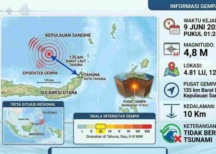 Gempa 4,8 Magnitudo Guncang Kepulauan Sangihe Pagi Ini, Tak Berpotensi Tsunami
