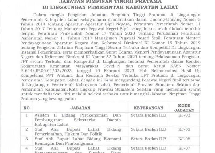 Pengumuman Seleksi Terbuka Pengisian Jabatan Pimpinan Tinggi Pratama di Lingkungan Pemkab Lahat