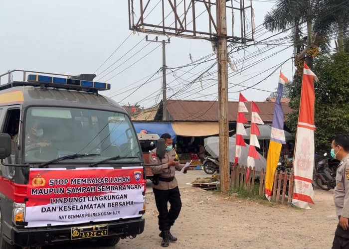 Pakai Mobil Penmas dan Bagikan Masker: Polisi Ingatkan Warga Indralaya Utara Jangan Bakar Lahan Sembarangan