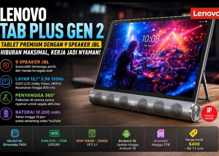 Bukan Sekadar Tablet, Lenovo Tab Plus Gen 2 Punya 9 Speaker JBL dan Bisa Jadi Speaker Bluetooth