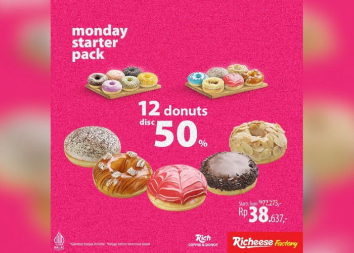 Promo Richeese Factory Monday Starterpack, Cuma Bayar Rp38.637 Dapetin 12 Donuts Hanya di Rich Coffee & Donut