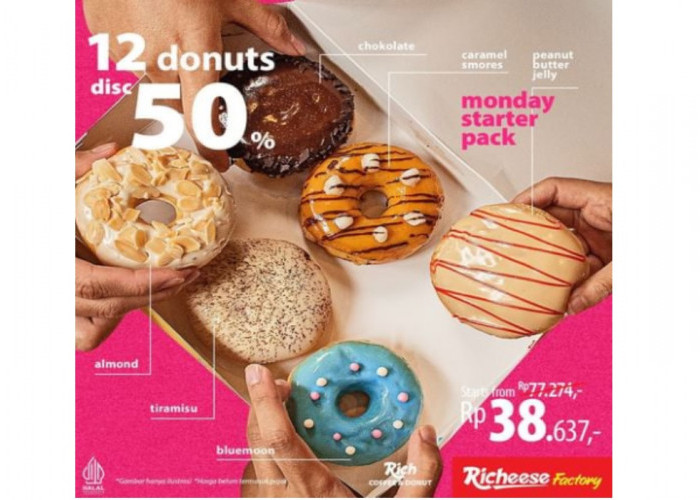 Ada Promo Monday Starterpack, DISCOUNT 50% setiap pembelian 12 pcs donut varian apa pun