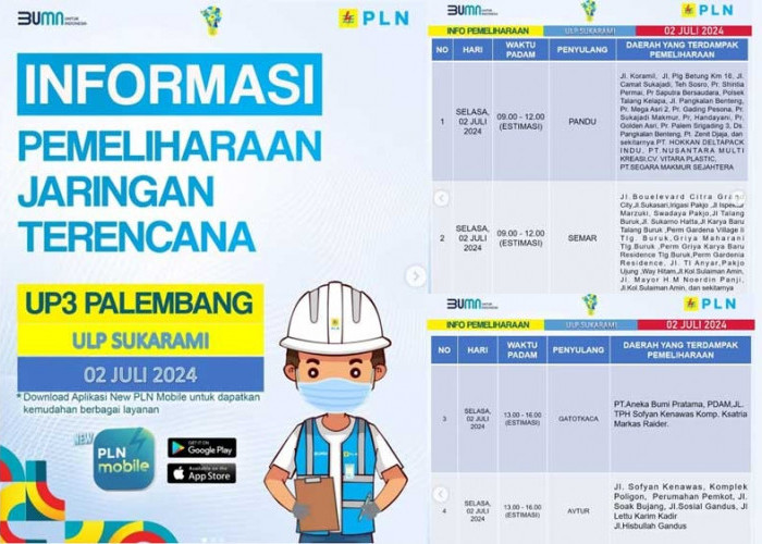 INFO PENTING! 2 Juli 2024 PLN Lakukan Pemadaman di Palembang Selama 4 Jam, Ini Daerah yang Terdampak
