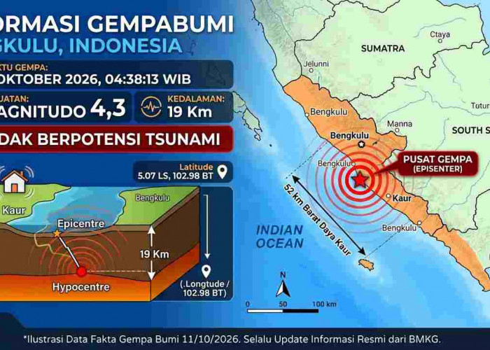 Gempa M 4,3 Terjadi di Bengkulu Minggu Pagi, Cek Titik Episentrum dan Kedalamannya