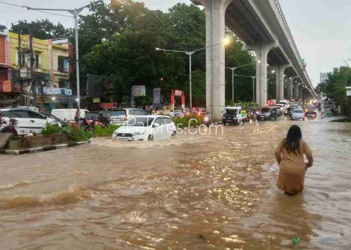 Nekat Tembus Banjir di Jalanan Palembang, Puluhan Motor dan Mobil Mati Mesin